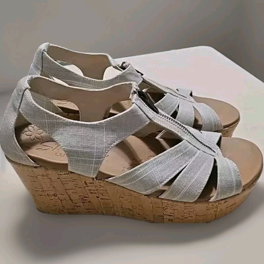 Skechers Open Toe Caged Platform Wedge Sandal Cork Cali Brit Zip Sz 10 Boho X17